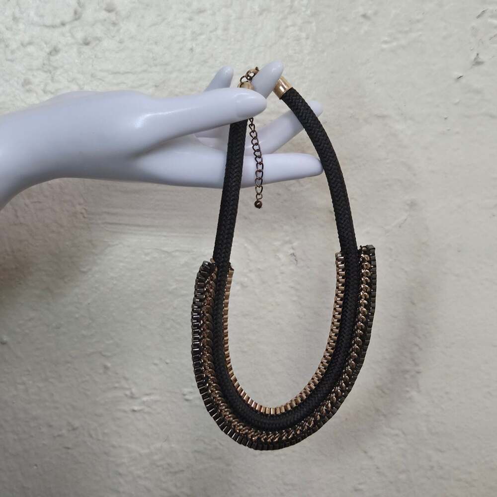 Chunky Black Braided Cord Collar Necklace with Metal Chain Zipper Accents - Picture 7 of 7